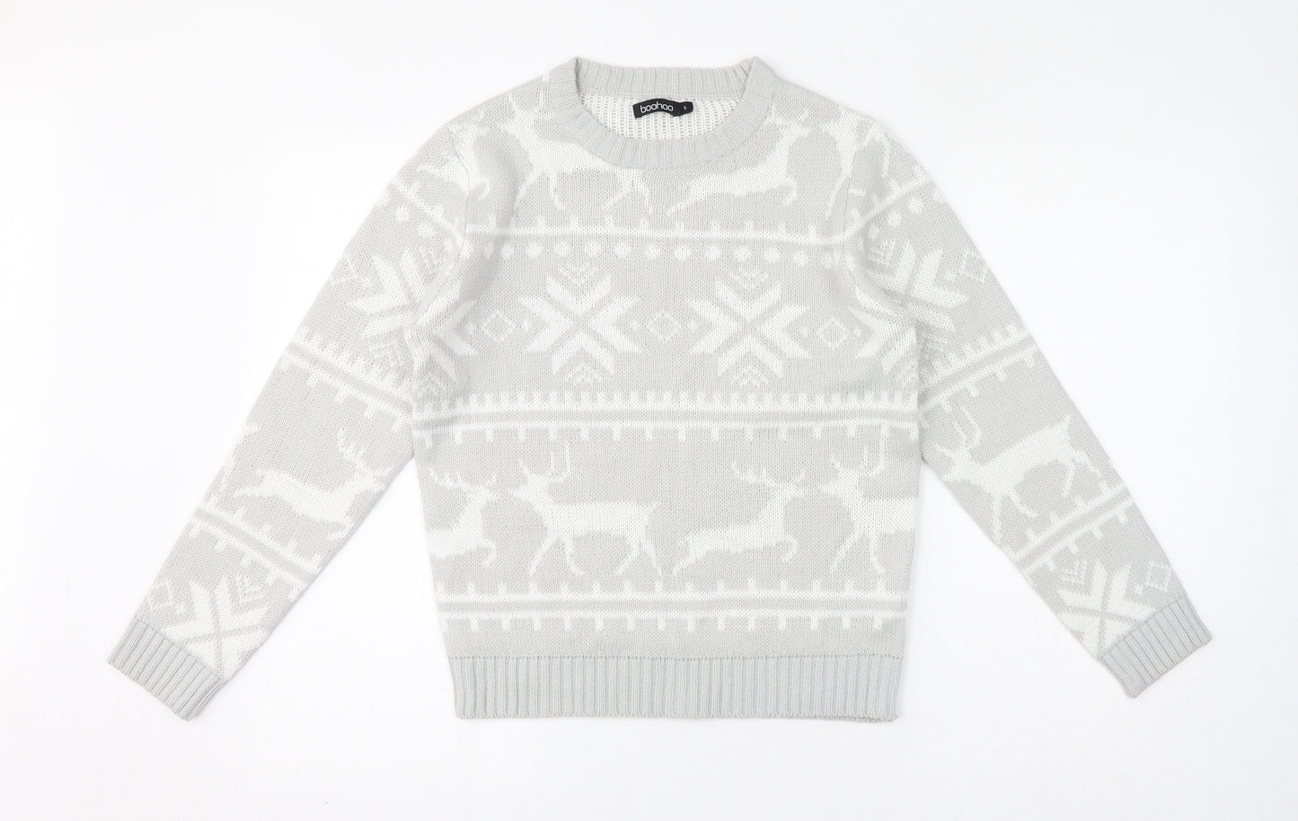 Boohoo Womens Grey Crew Neck Fair Isle Acrylic Pullover Jumper Size S - Christmas, Reindeers