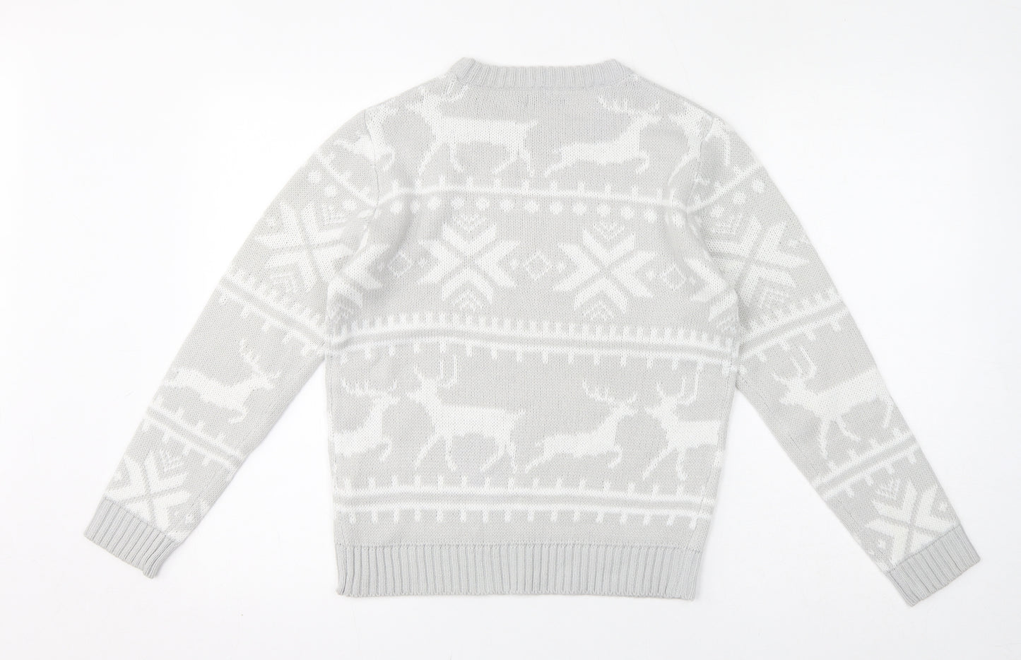 Boohoo Womens Grey Crew Neck Fair Isle Acrylic Pullover Jumper Size S - Christmas, Reindeers