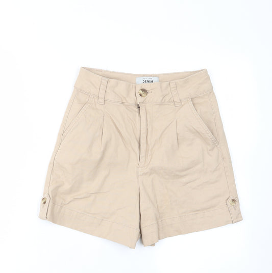 New Look Womens Beige Cotton Bermuda Shorts Size 10 L6 in Regular Zip - Pockets, Belt Loops, Pleated