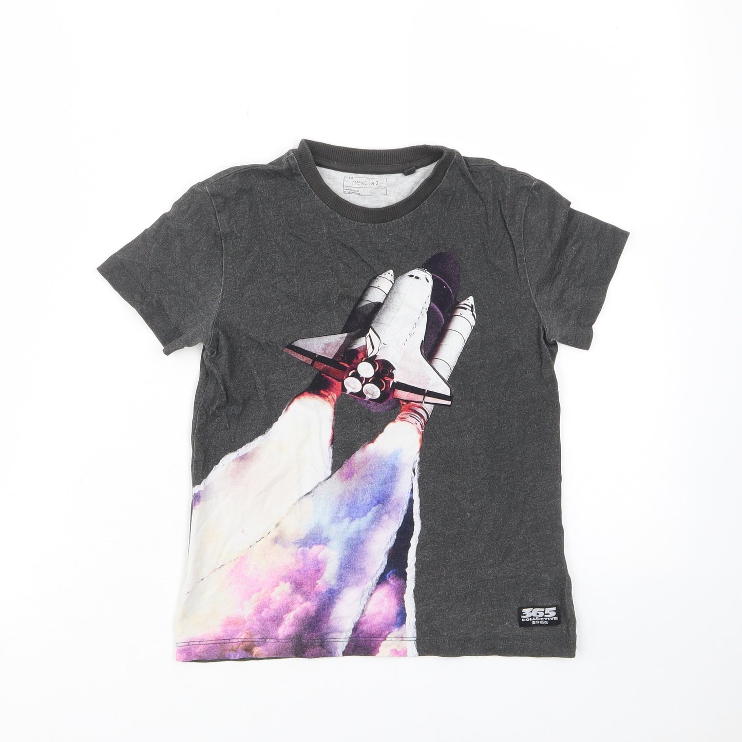 NEXT Boys Grey Cotton Basic T-Shirt Size 6 Years Crew Neck Pullover - Spaceship, Embroided