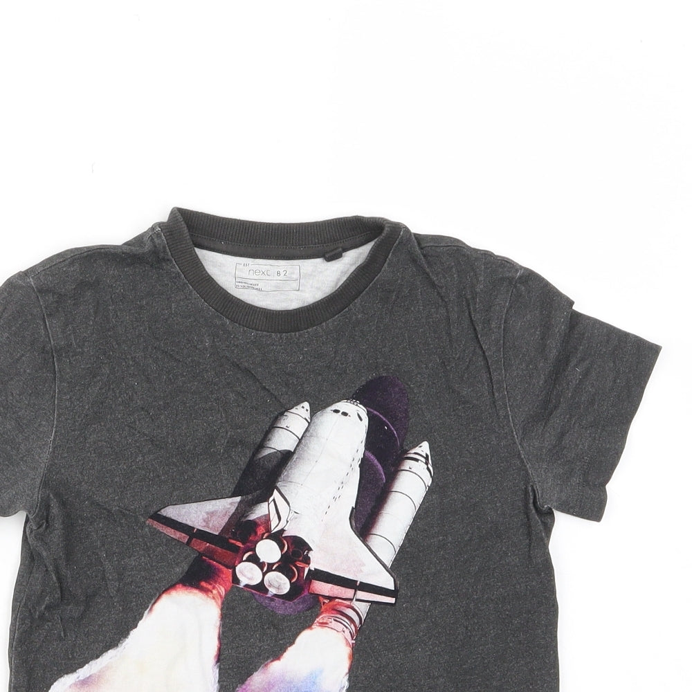 NEXT Boys Grey Cotton Basic T-Shirt Size 6 Years Crew Neck Pullover - Spaceship, Embroided