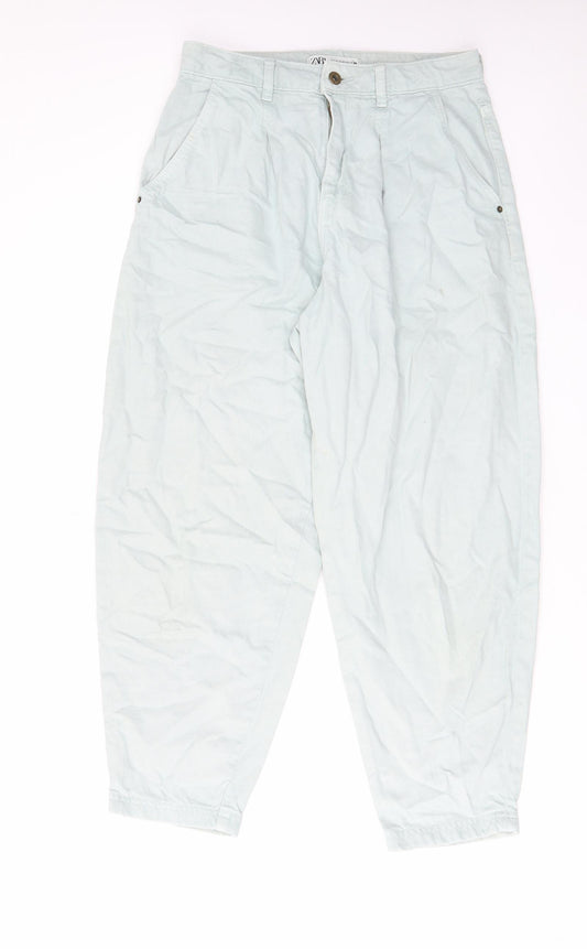 Zara Womens Green Cotton Mom Jeans Size 10 L26 in Regular Zip - Pockets, Belt Loops, Pleated