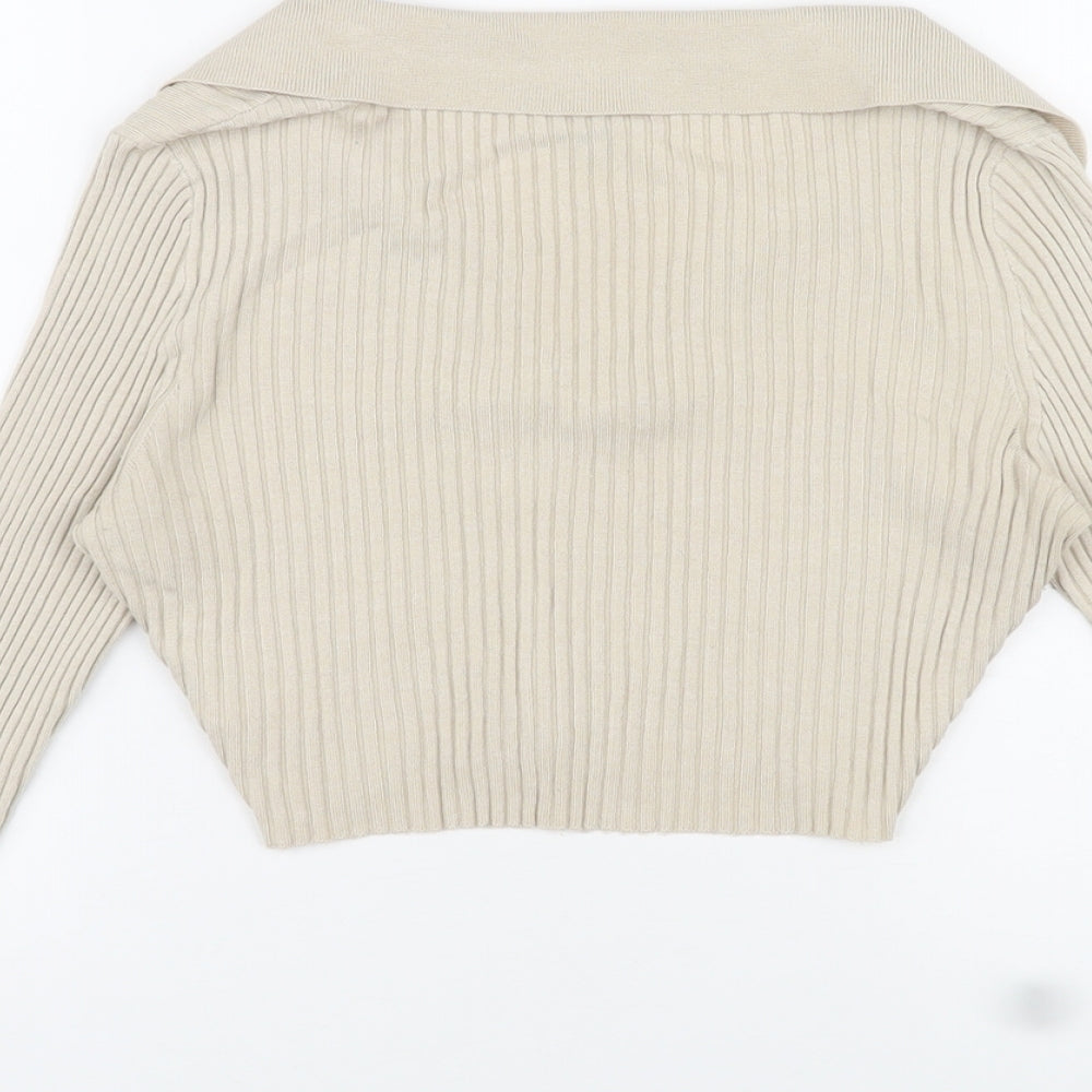 Divided by H&M Womens Beige Viscose Cropped T-Shirt Size S Collared - Ribbed