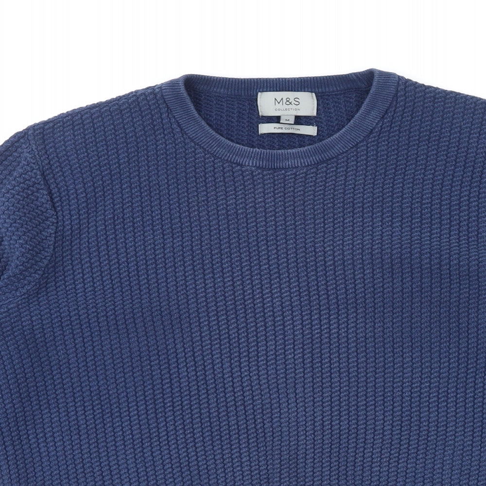 Marks and Spencer Mens Blue Round Neck Cotton Pullover Jumper Size M Long Sleeve