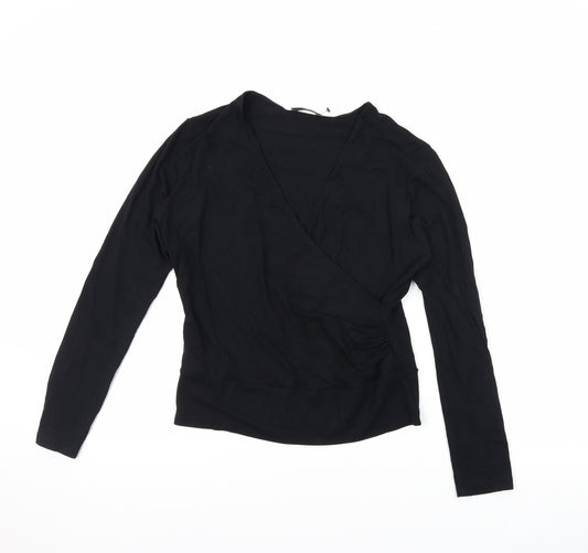 Marks and Spencer Womens Black Viscose Basic T-Shirt Size 12 V-Neck - Wrap Front Detail