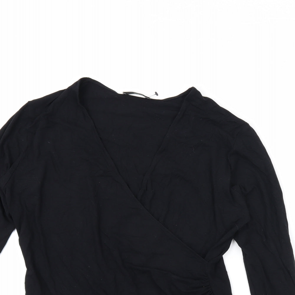 Marks and Spencer Womens Black Viscose Basic T-Shirt Size 12 V-Neck - Wrap Front Detail