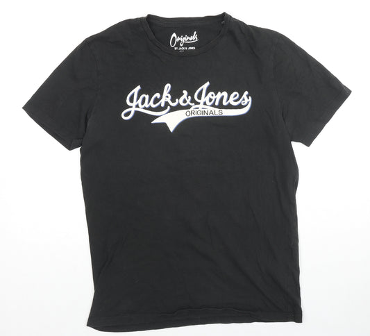 JACK & JONES Mens Black Cotton T-Shirt Size M Round Neck - Logo