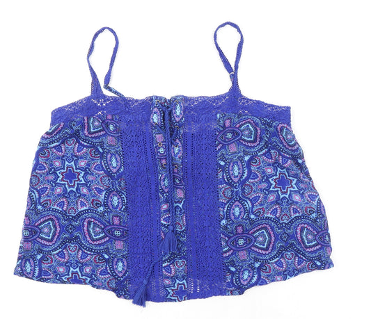 Hollister Womens Blue Paisley Cotton Camisole Blouse Size S Square Neck - Crochet detail