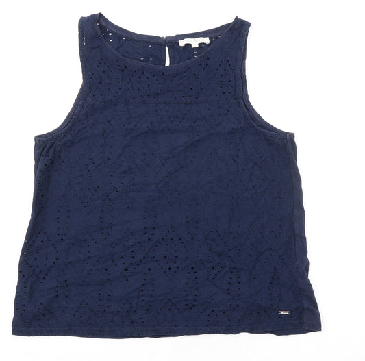 TOM TAILOR Womens Blue Cotton Basic Tank Size L Boat Neck - Broderie Anglaise