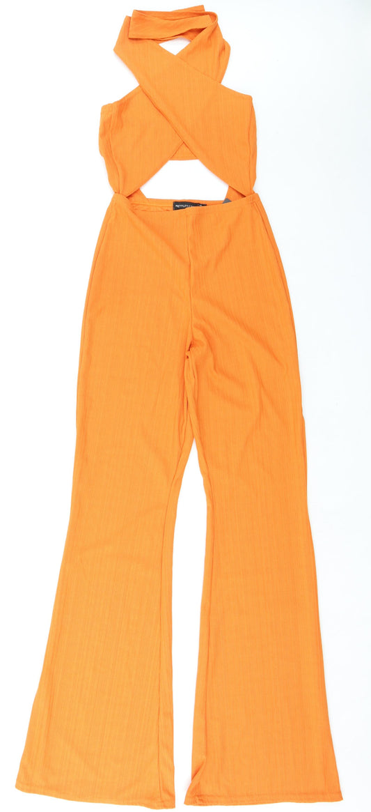 PRETTYLITTLETHING Womens Orange Polyester Jumpsuit One-Piece Size 8 L35 in Tie - Ribbed Cut Out