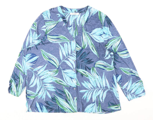 Marks and Spencer Womens Blue Geometric Polyester Basic Blouse Size 18 V-Neck - Palm Pattern