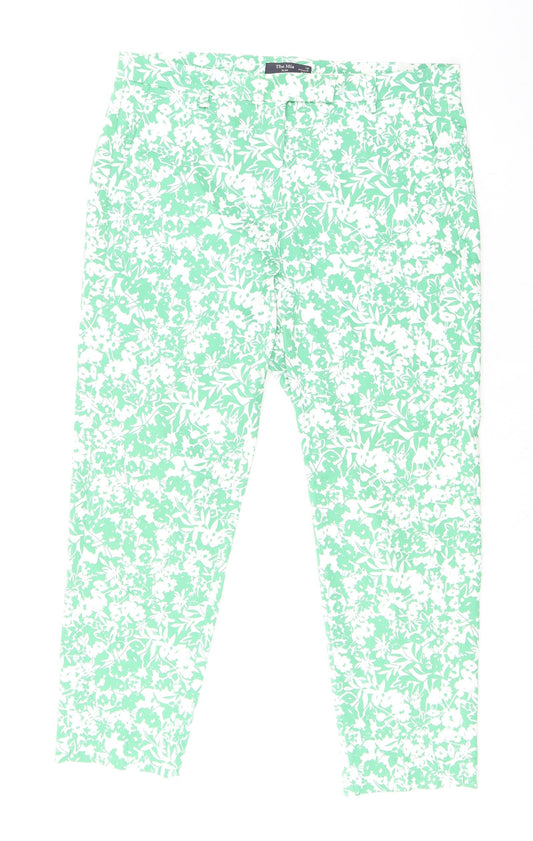 Marks and Spencer Womens Green Floral Cotton Capri Trousers Size 14 L25.5 in Regular Zip - Cropped