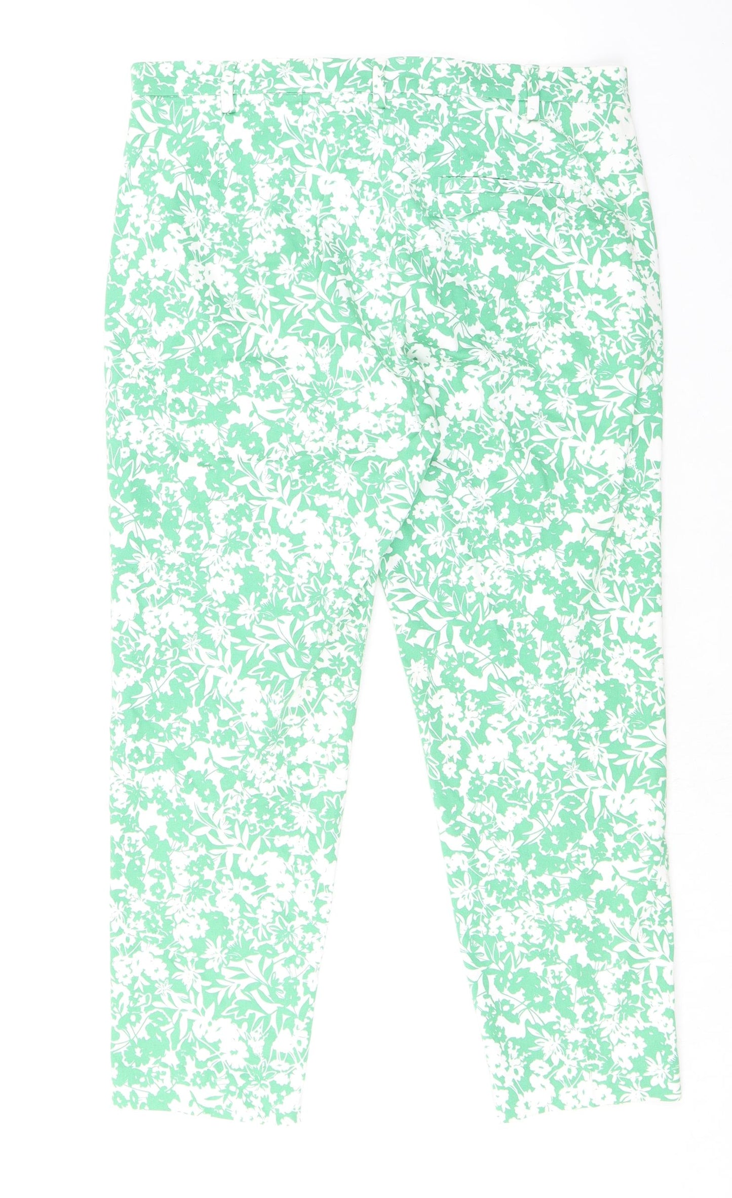 Marks and Spencer Womens Green Floral Cotton Capri Trousers Size 14 L25.5 in Regular Zip - Cropped