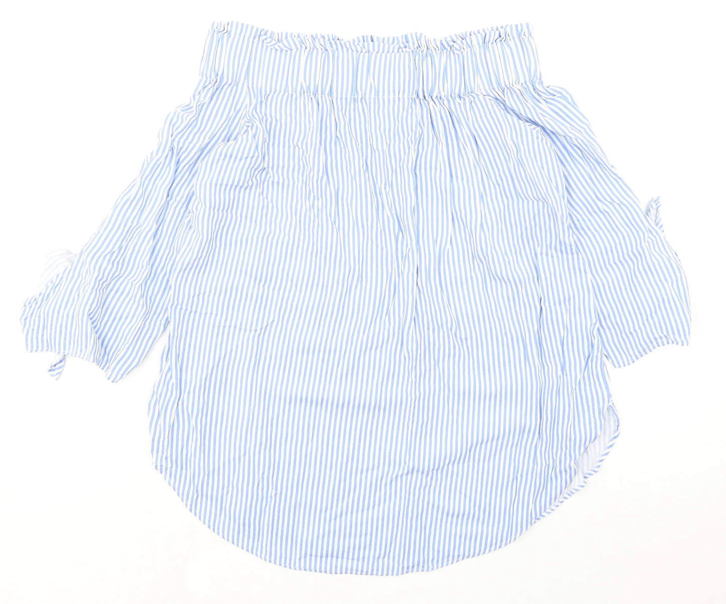 H&M Womens Blue Striped Viscose Basic Blouse Size 8 Off the Shoulder - Tie Sleeves