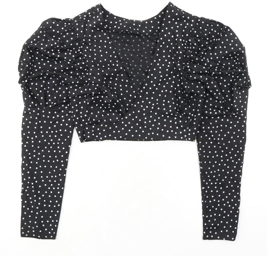 Boohoo Womens Black Polka Dot Polyester Cropped Blouse Size 12 V-Neck - Puff Sleeves