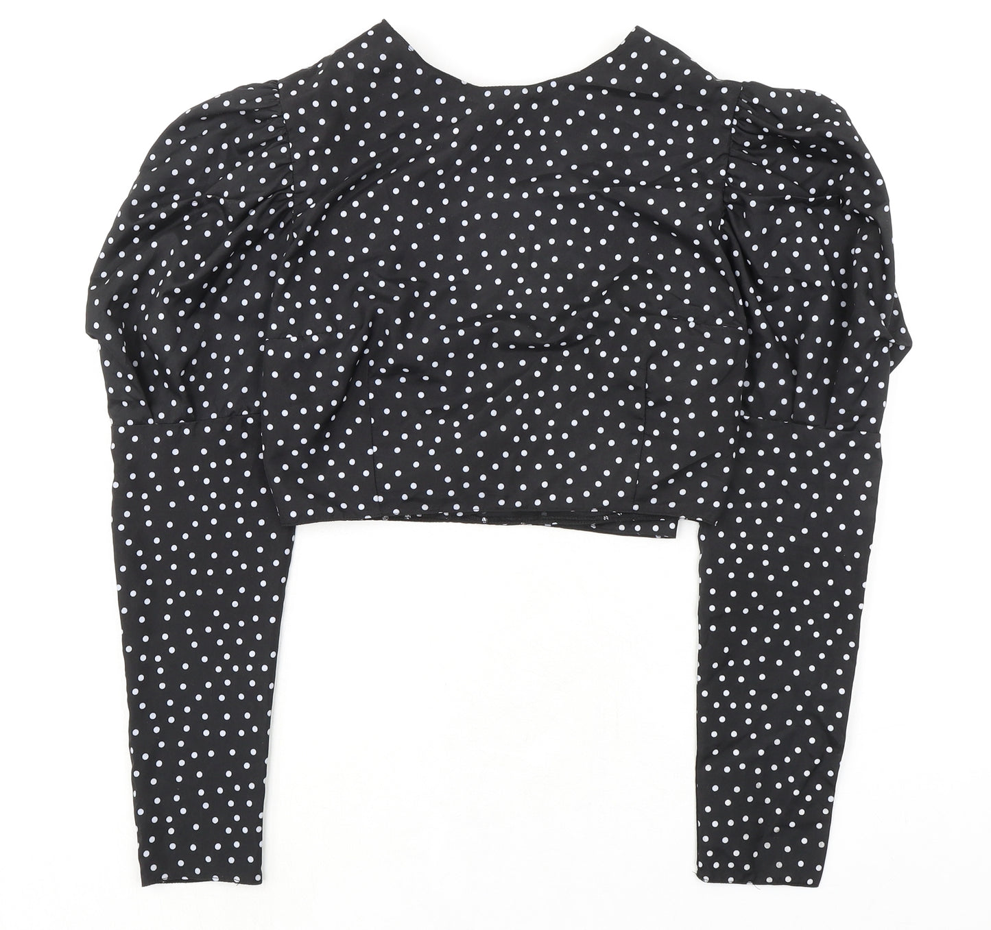 Boohoo Womens Black Polka Dot Polyester Cropped Blouse Size 12 V-Neck - Puff Sleeves