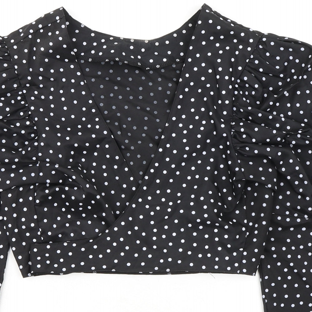 Boohoo Womens Black Polka Dot Polyester Cropped Blouse Size 12 V-Neck - Puff Sleeves