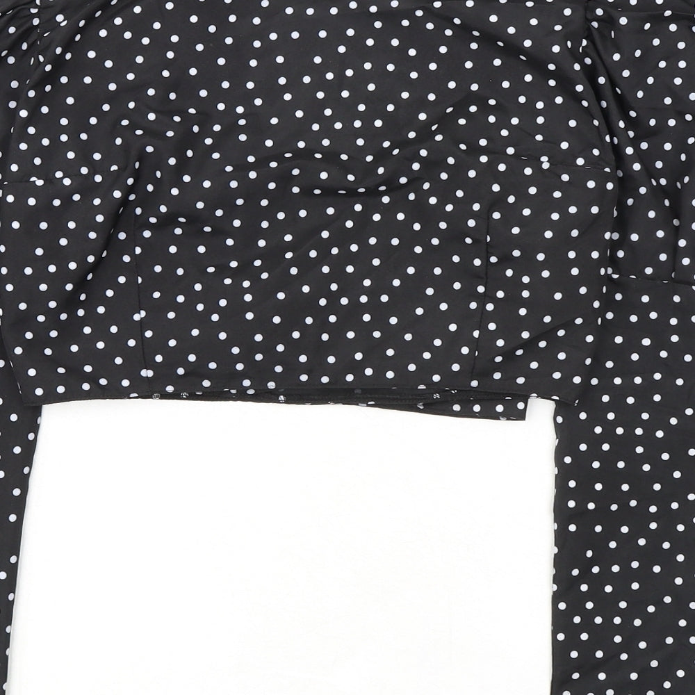 Boohoo Womens Black Polka Dot Polyester Cropped Blouse Size 12 V-Neck - Puff Sleeves