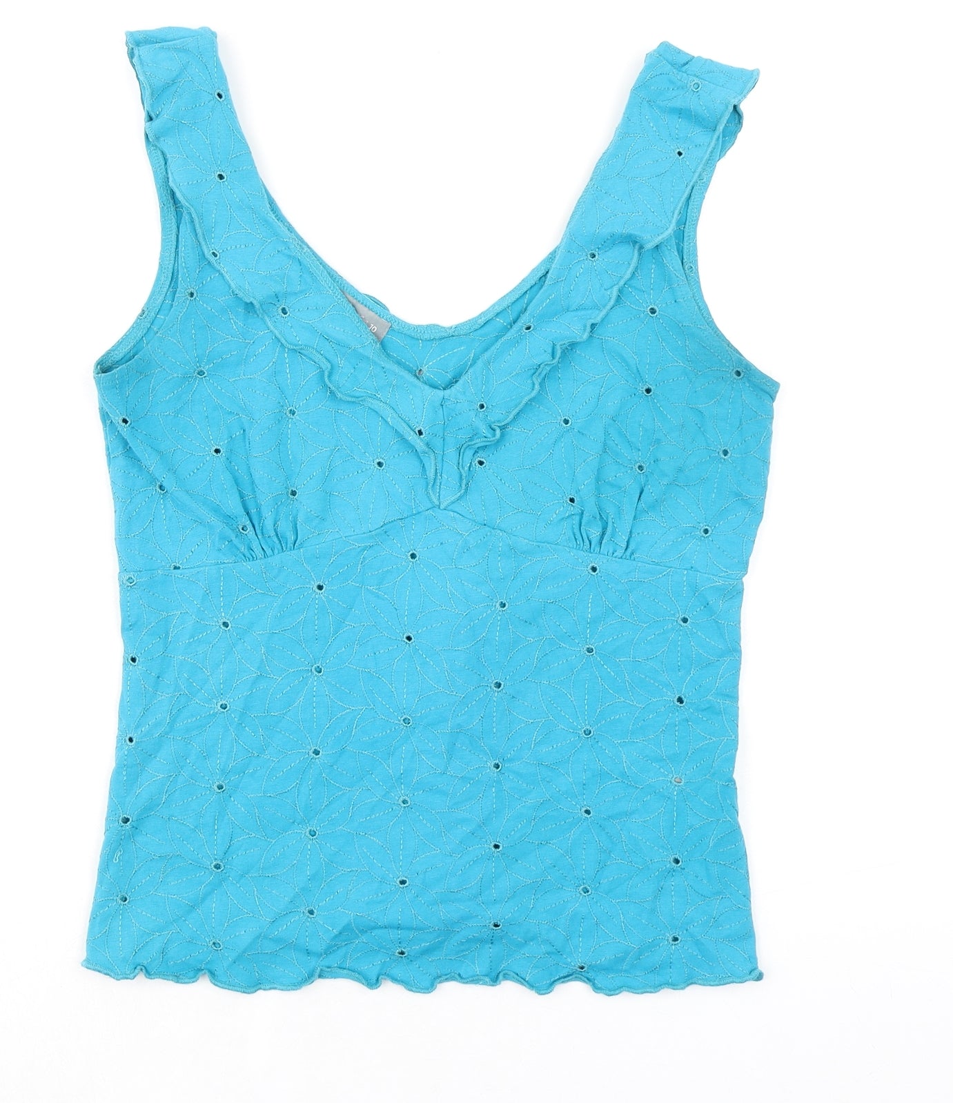 Per Una Womens Blue Cotton Basic Blouse Size 10 V-Neck - Ruffle Detail Embroidered