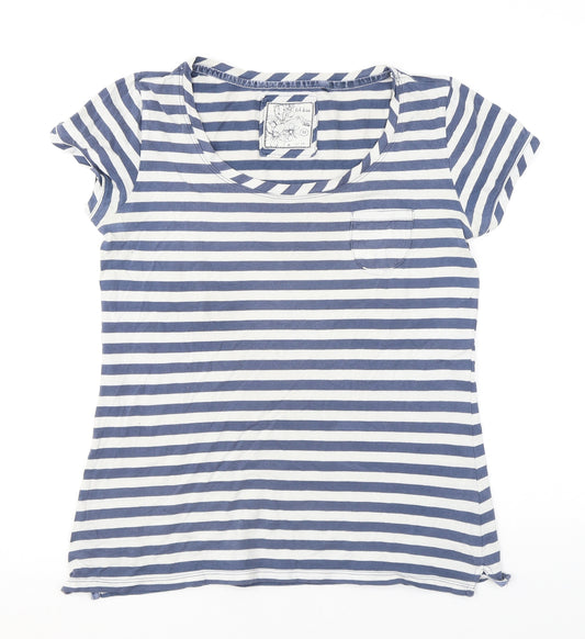 Fat Face Womens Blue Striped Cotton Basic T-Shirt Size 12 Scoop Neck