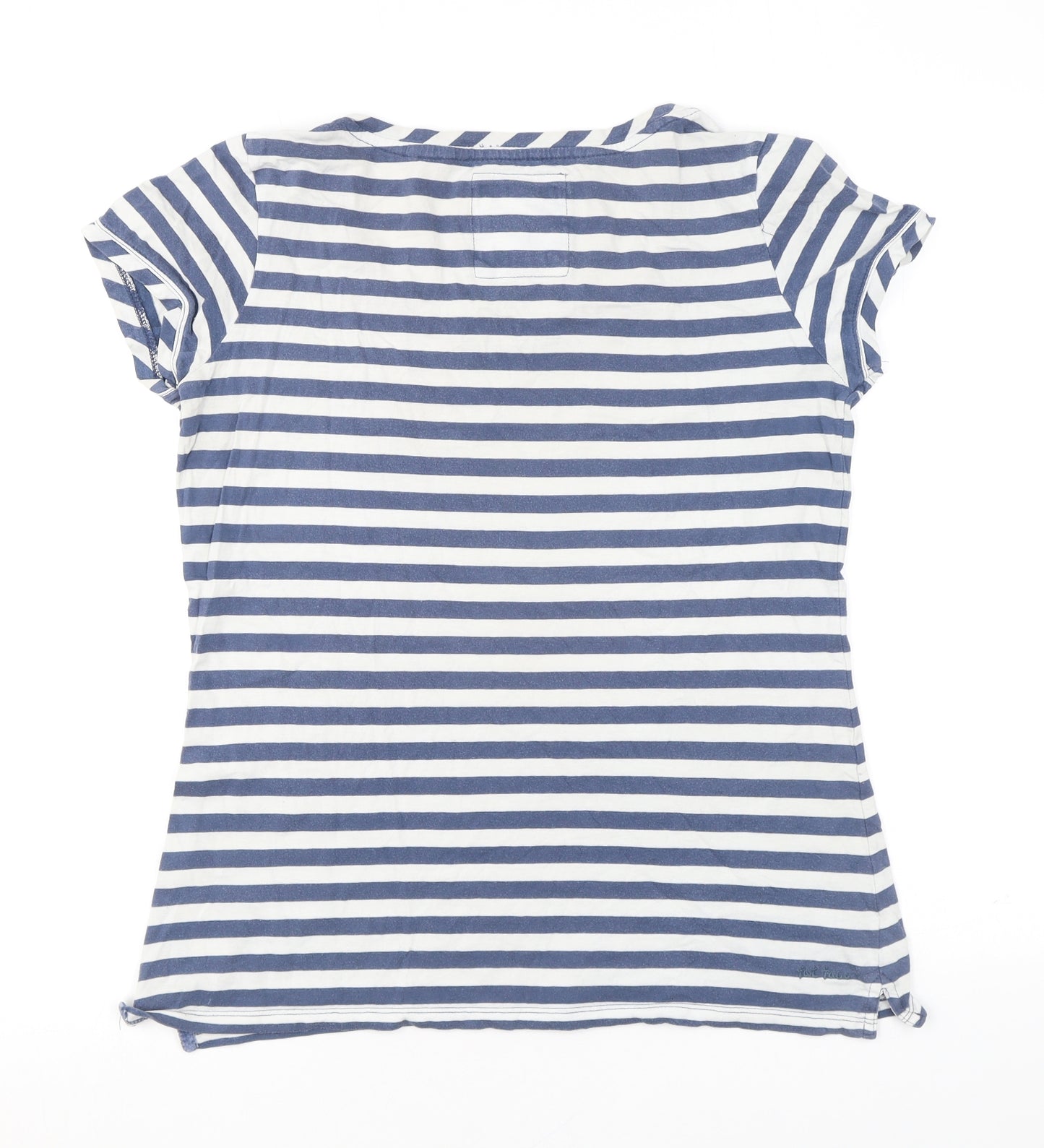 Fat Face Womens Blue Striped Cotton Basic T-Shirt Size 12 Scoop Neck