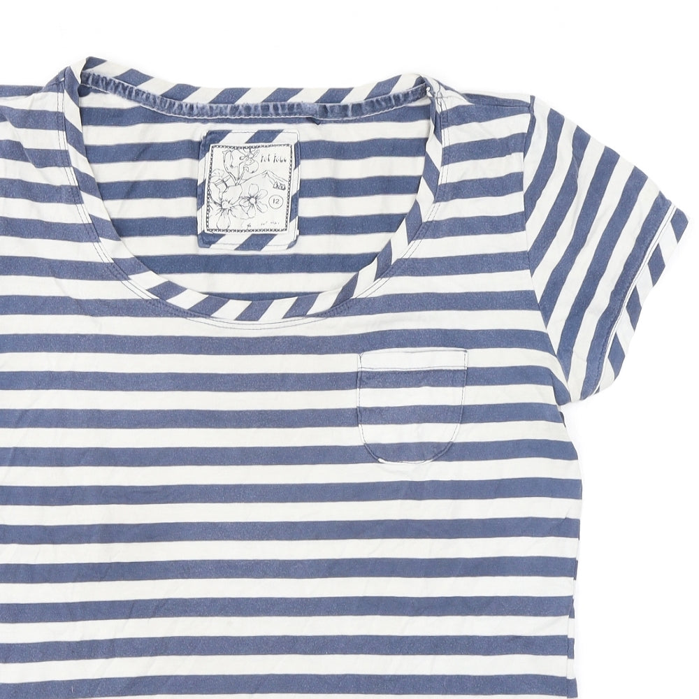 Fat Face Womens Blue Striped Cotton Basic T-Shirt Size 12 Scoop Neck