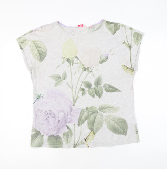 Ted Baker Womens Grey Floral Cotton Basic T-Shirt Size 12 Scoop Neck