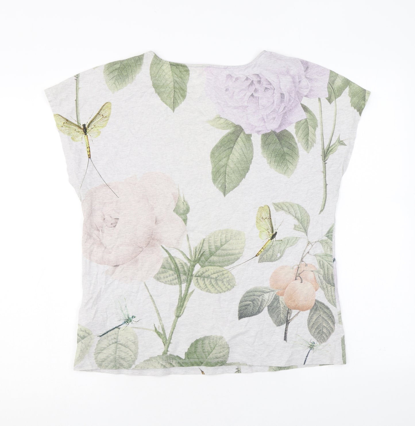 Ted Baker Womens Grey Floral Cotton Basic T-Shirt Size 12 Scoop Neck