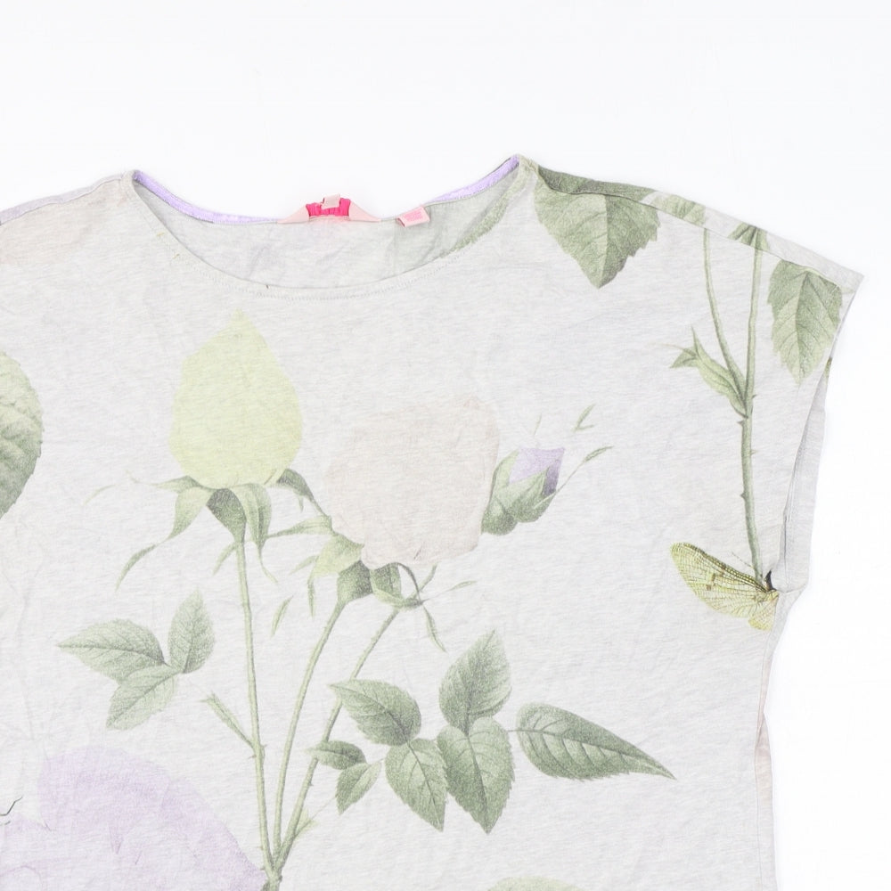 Ted Baker Womens Grey Floral Cotton Basic T-Shirt Size 12 Scoop Neck