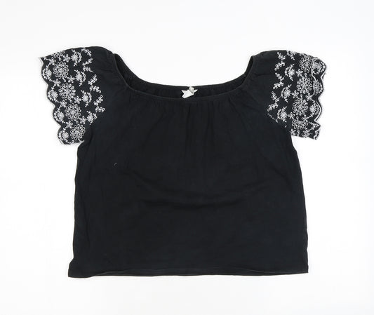 H&M Womens Black Cotton Basic T-Shirt Size XS Square Neck - Embroidery
