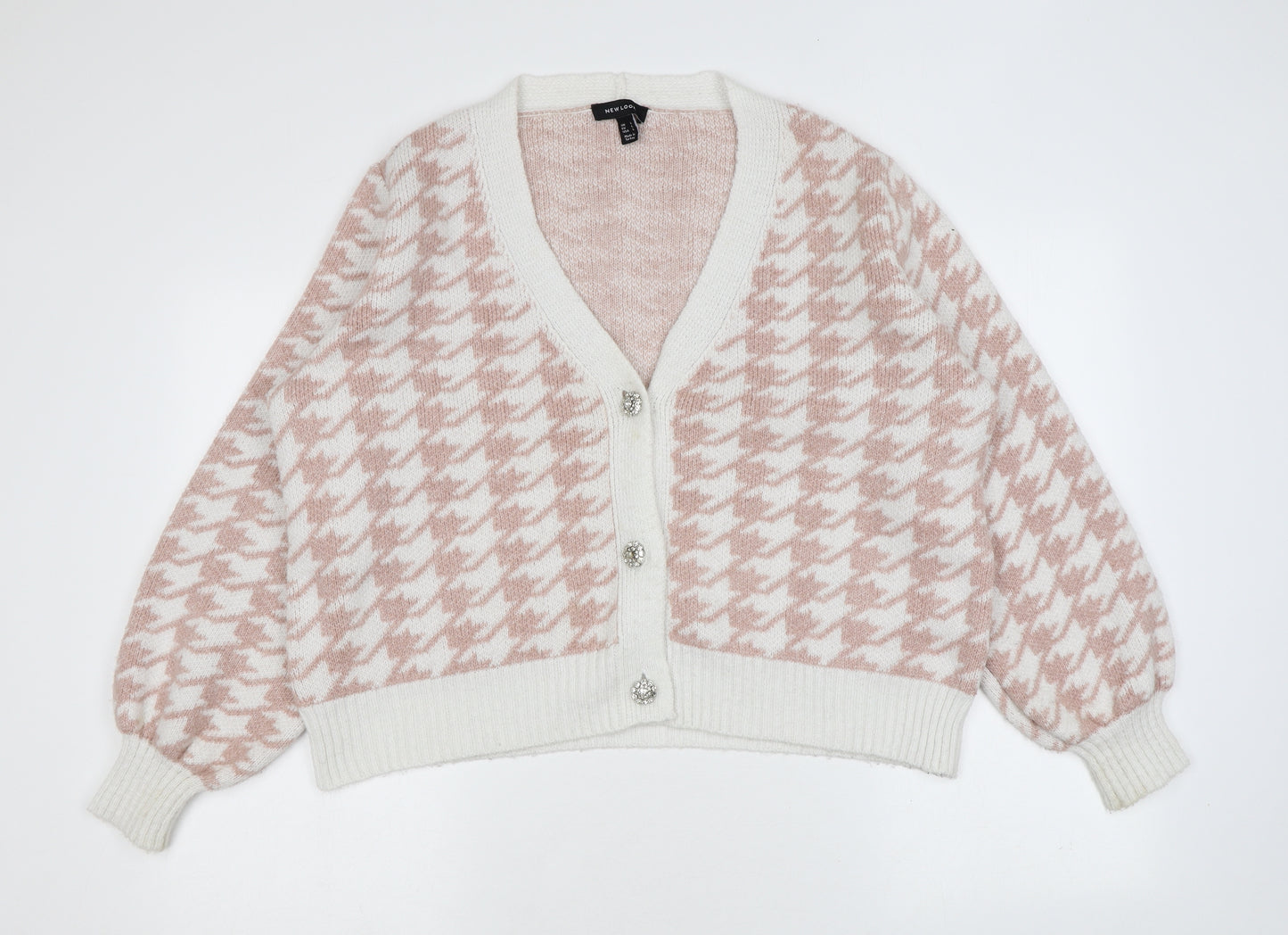 New Look Womens Pink Round Neck Geometric Acrylic Cardigan Jumper Size L