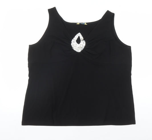 Agenda Womens Black Polyester Basic Tank Size 22 V-Neck - Sequin Detail