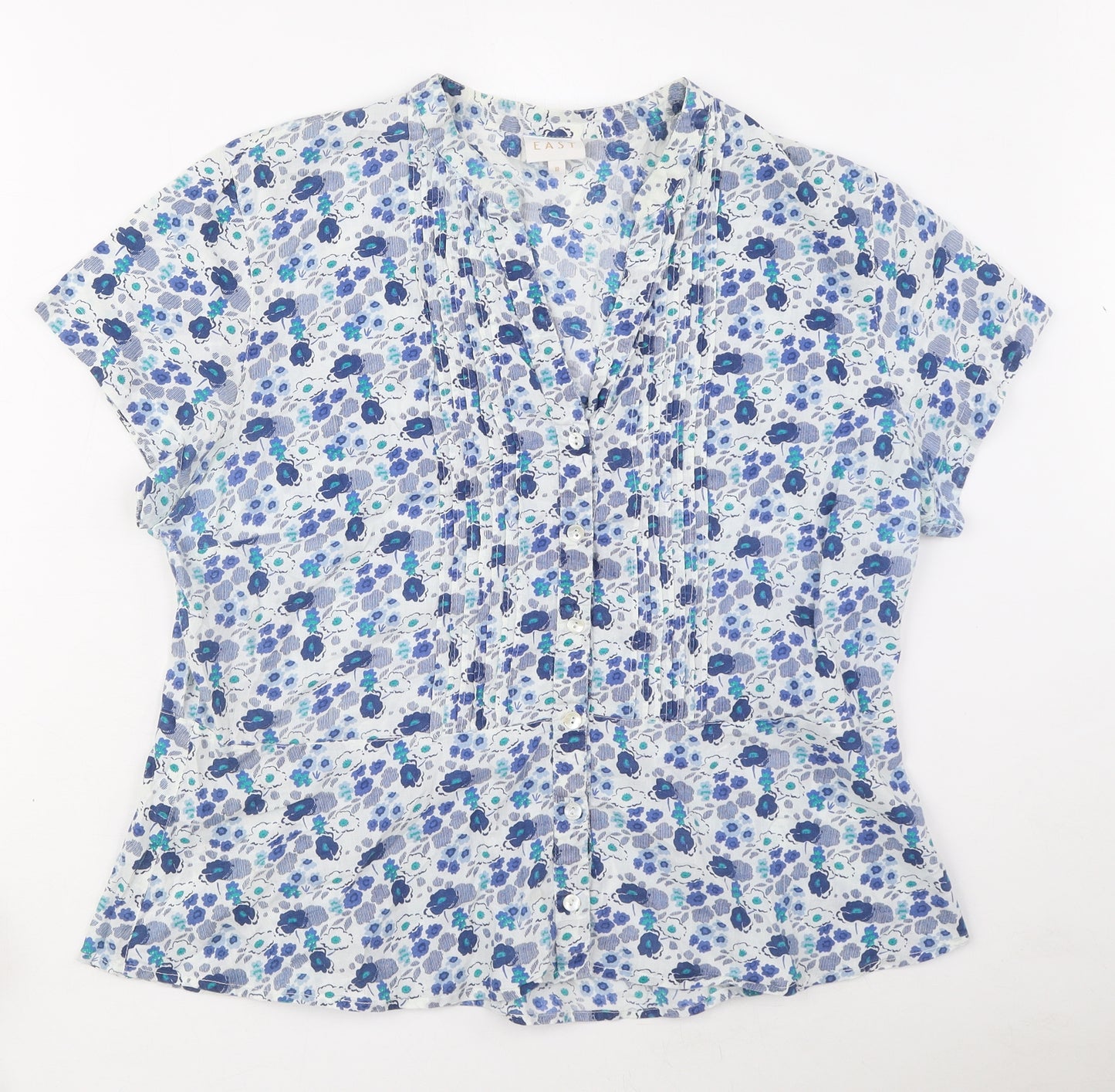 EAST Womens Blue Floral 100% Cotton Basic Blouse Size 18 V-Neck