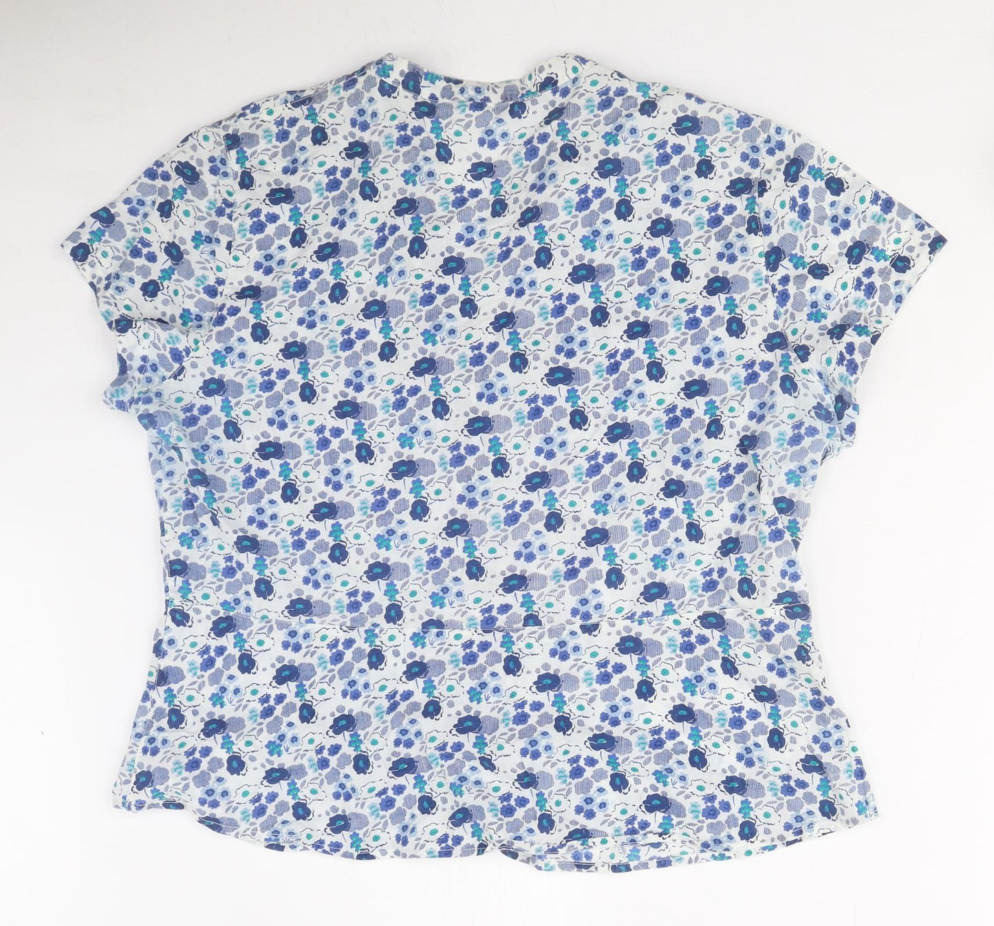 EAST Womens Blue Floral 100% Cotton Basic Blouse Size 18 V-Neck