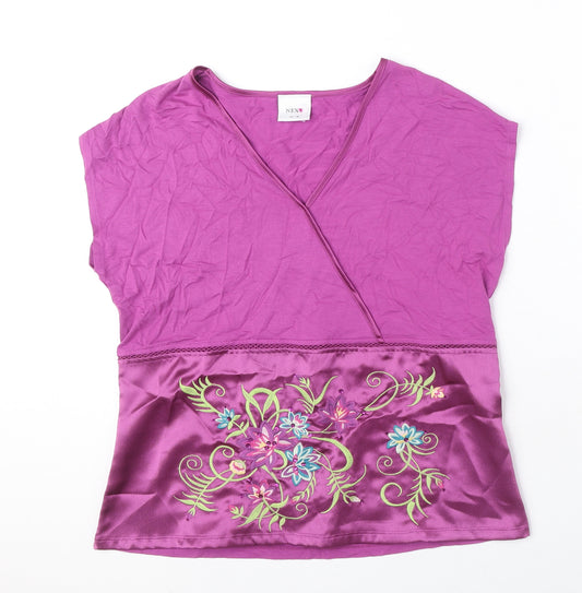 NEXT Womens Purple Viscose Basic Blouse Size 18 V-Neck - Rayon Detail Embroidered Flowers Sequin