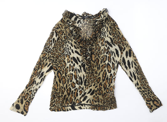 Verse Womens Brown Animal Print Polyacrylate Fibre Basic Blouse Size 10 V-Neck - Ruffle Detail, Leopard Print