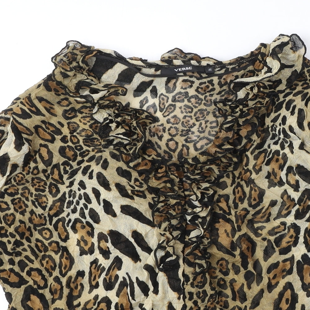 Verse Womens Brown Animal Print Polyacrylate Fibre Basic Blouse Size 10 V-Neck - Ruffle Detail, Leopard Print