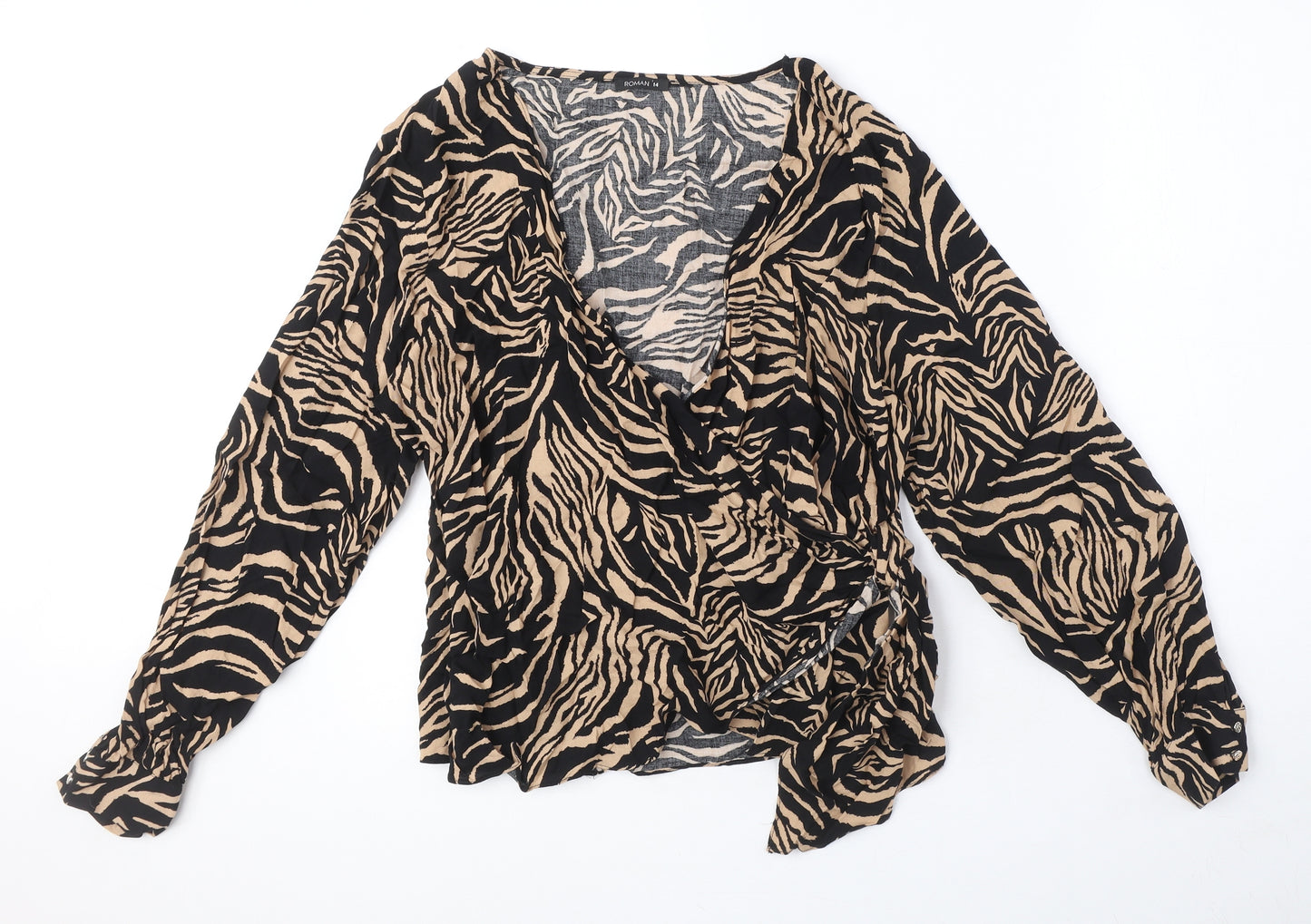 Roman Womens Black Animal Print Viscose Wrap Blouse Size 14 V-Neck - Tiger Print