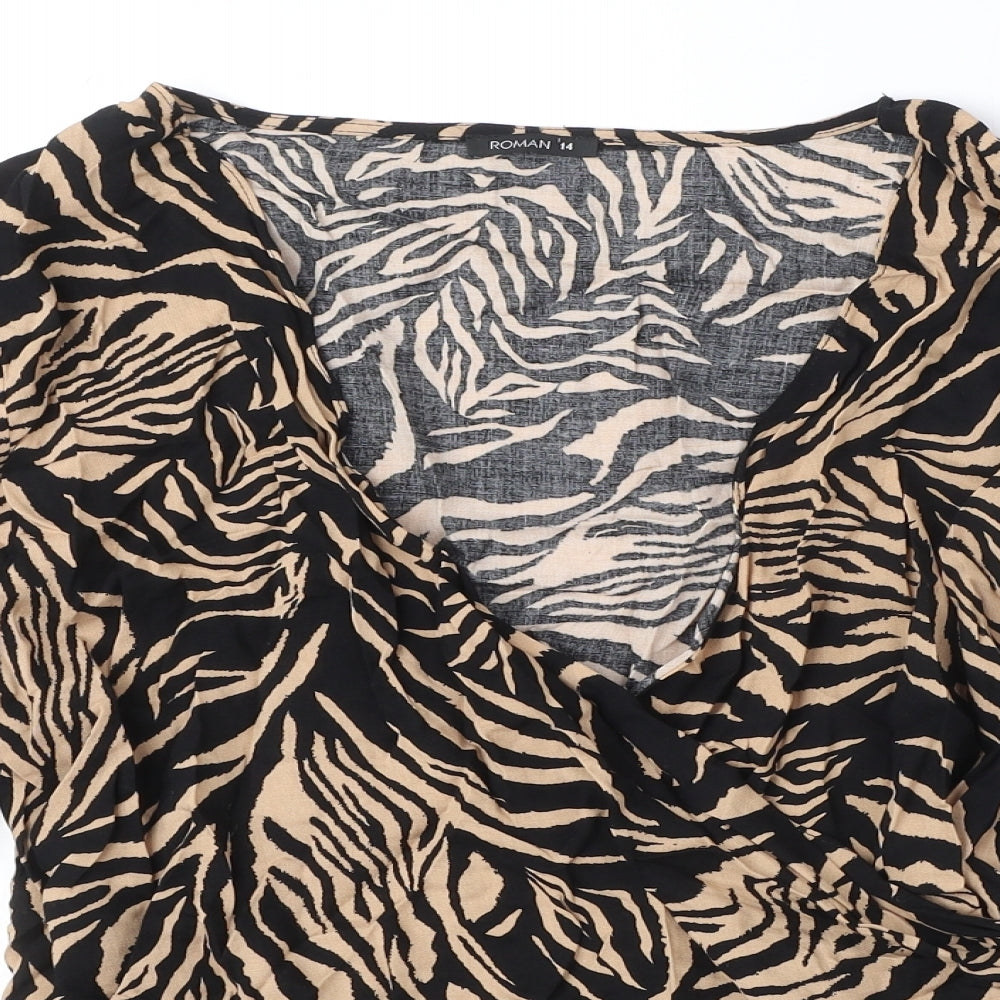 Roman Womens Black Animal Print Viscose Wrap Blouse Size 14 V-Neck - Tiger Print