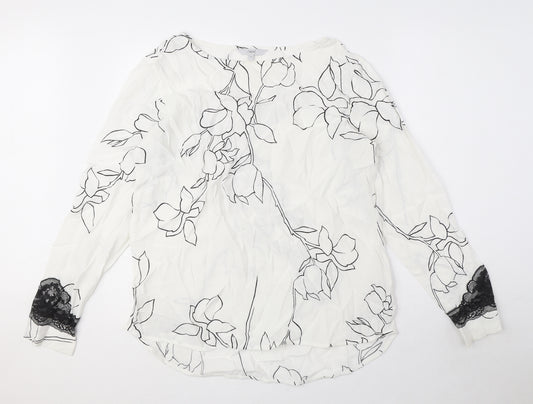 NEXT Womens White Floral Viscose Basic Blouse Size 14 Boat Neck - Lace detail