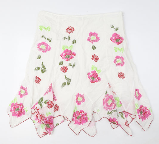 Per Una Womens White Floral Cotton Flare Skirt Size 18 Zip - Asymmetric