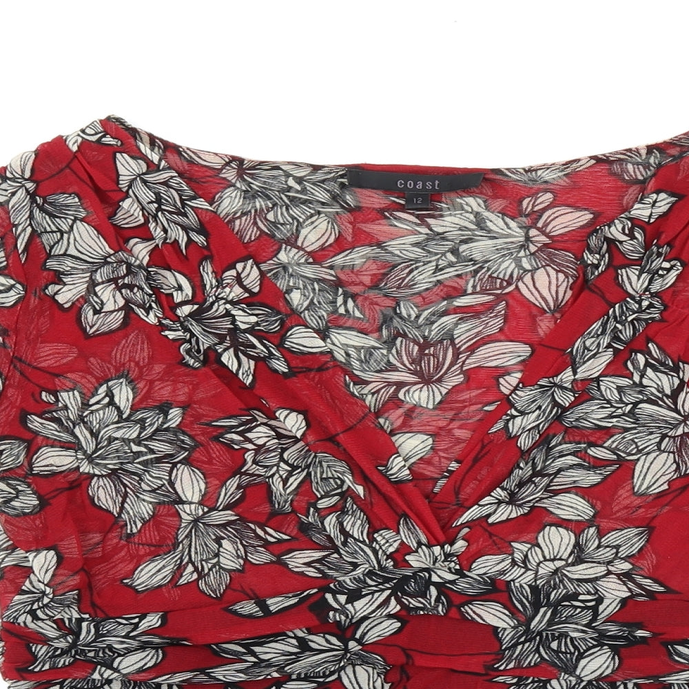 Coast Womens Red Floral Polyester Basic Blouse Size 12 V-Neck