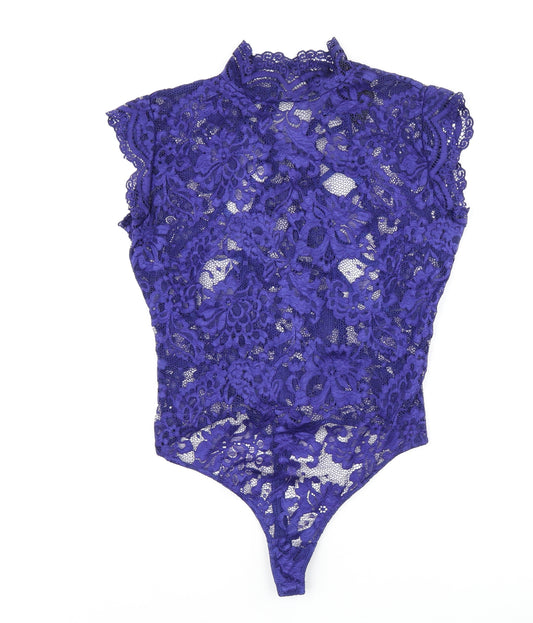 Lipsy Womens Blue Floral Polyamide Bodysuit One-Piece Size M Button