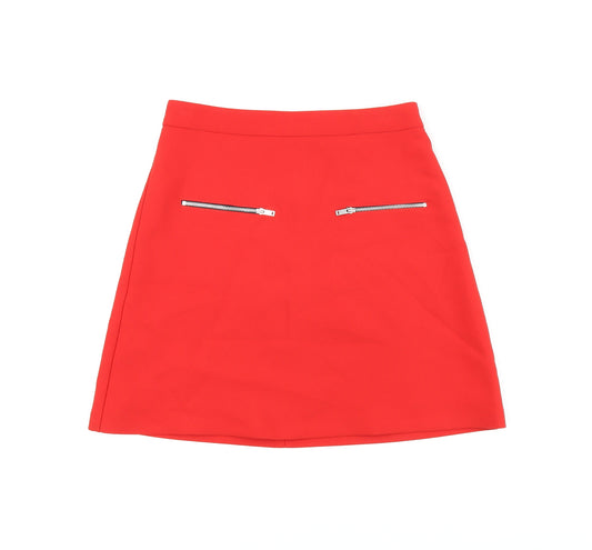 Zara Womens Red Polyester A-Line Skirt Size 6 Zip - Zips on front