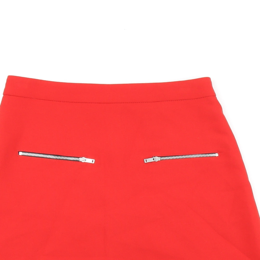 Zara Womens Red Polyester A-Line Skirt Size 6 Zip - Zips on front