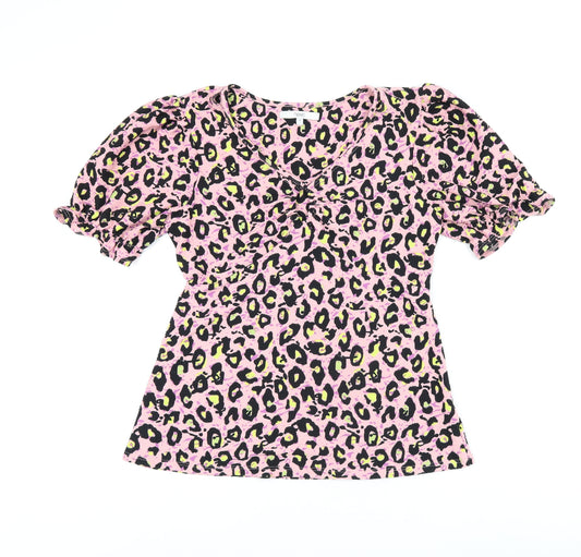 NEXT Womens Pink Animal Print Polyester Jersey Blouse Size 12 V-Neck - Leopard Print