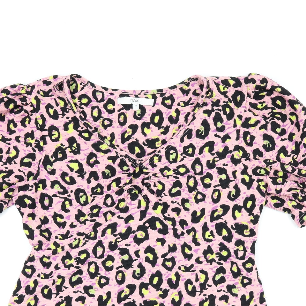 NEXT Womens Pink Animal Print Polyester Jersey Blouse Size 12 V-Neck - Leopard Print