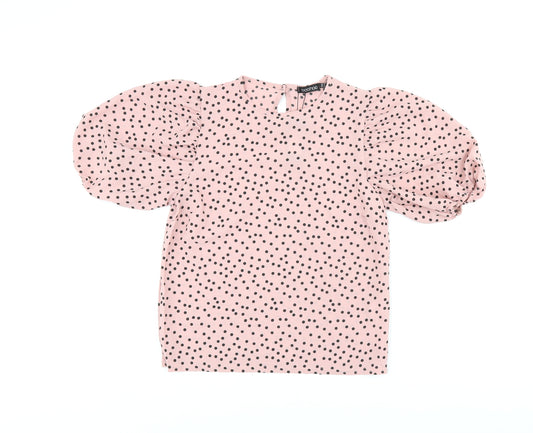 Boohoo Womens Pink Polka Dot Polyester Basic Blouse Size 8 Round Neck