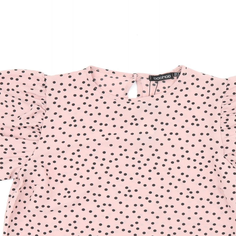 Boohoo Womens Pink Polka Dot Polyester Basic Blouse Size 8 Round Neck