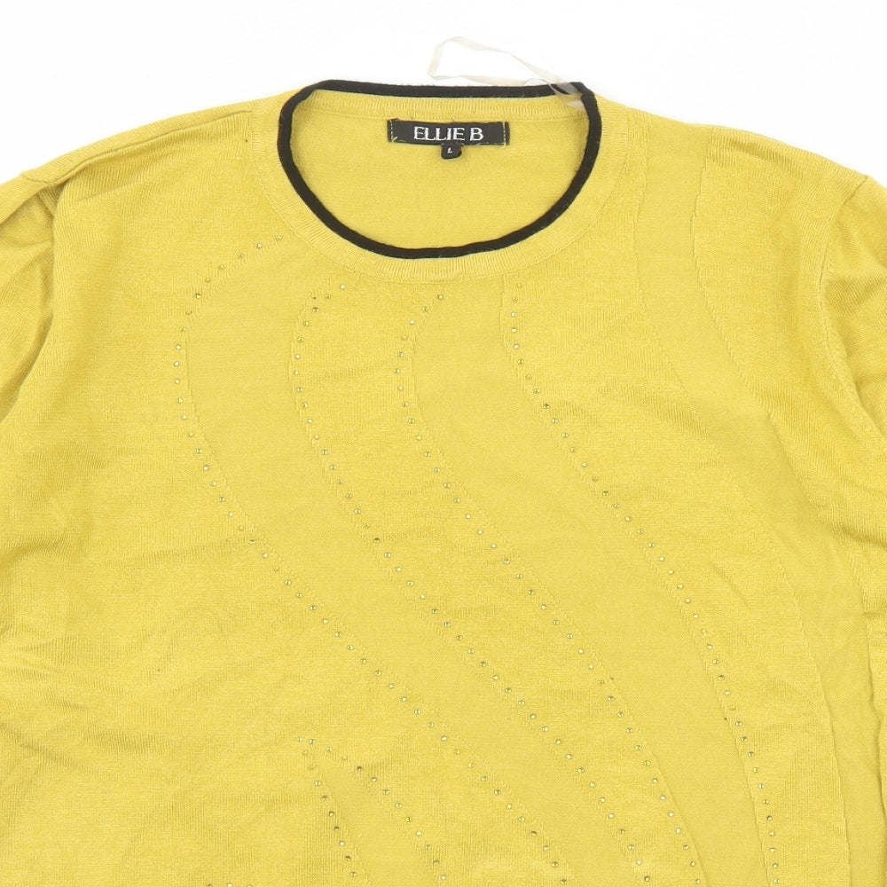 Ellie B Womens Yellow Round Neck Viscose Pullover Jumper Size L - Rhinestone Detail